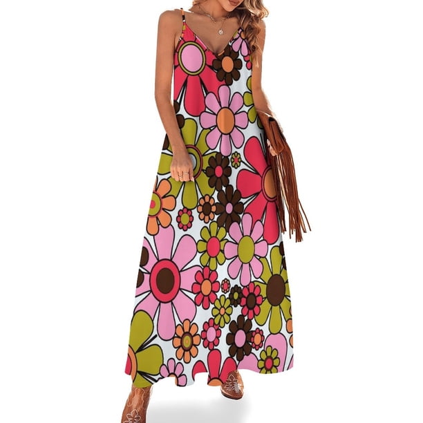 Vestido sin mangas con estampado floral retro de los años 60 y 70 en color rosa, marrón oscuro, aguacate, verde, naranja y negro