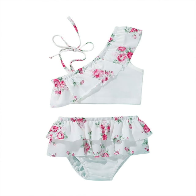 Traje de baño de dos piezas con volantes y estampado de leopardo y flores para niñas pequeñas de Honeeladyy