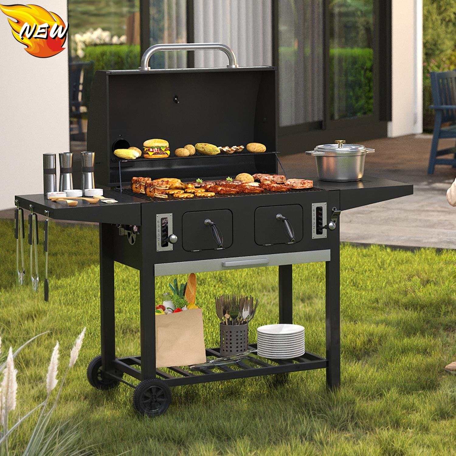 Vicllax Charcoal Grill with Side Tables Barbecue BBQ Smoker for Patio Cooking Camping Picnic