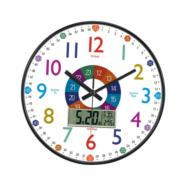 Reloj de pared infantil, 12", reloj educativo redondo multicolor silencioso para la enseñanza Estilo C