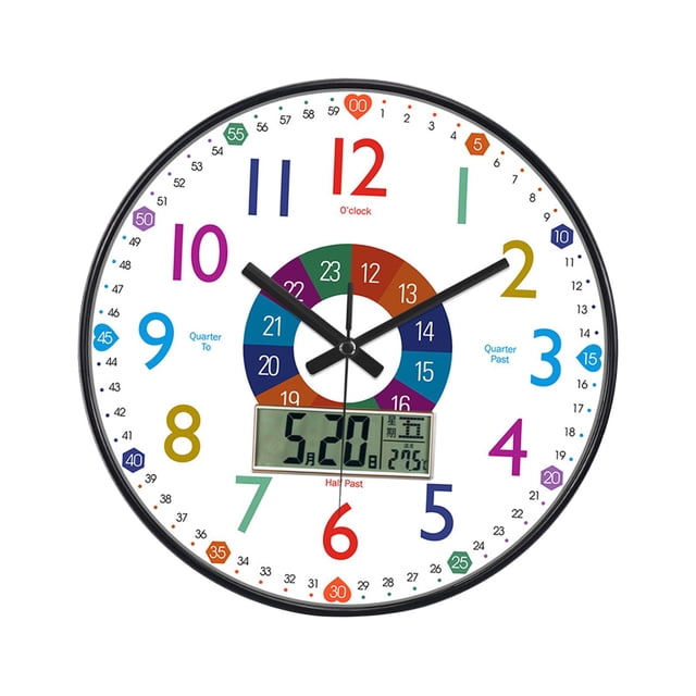 Reloj de pared infantil, 12", reloj educativo redondo multicolor silencioso para la enseñanza Estilo C