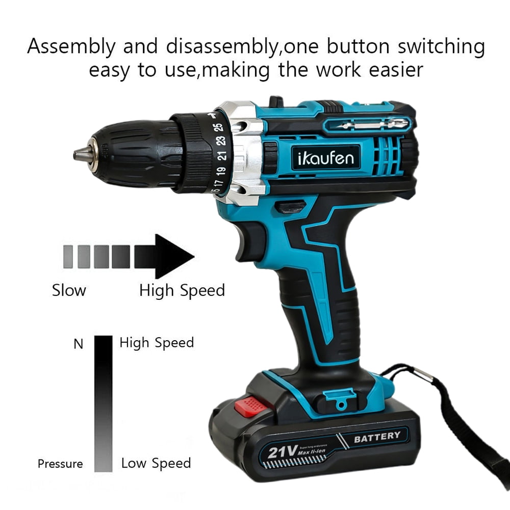 ikaufen Cordless Drill Driver, 21V Electric Drill Screwdriver Kit with 25+1 Torque, 2 Speed with 2 Batteries 1.5Ah, LED Light Cordless Combi for Home and Garden DIY Project