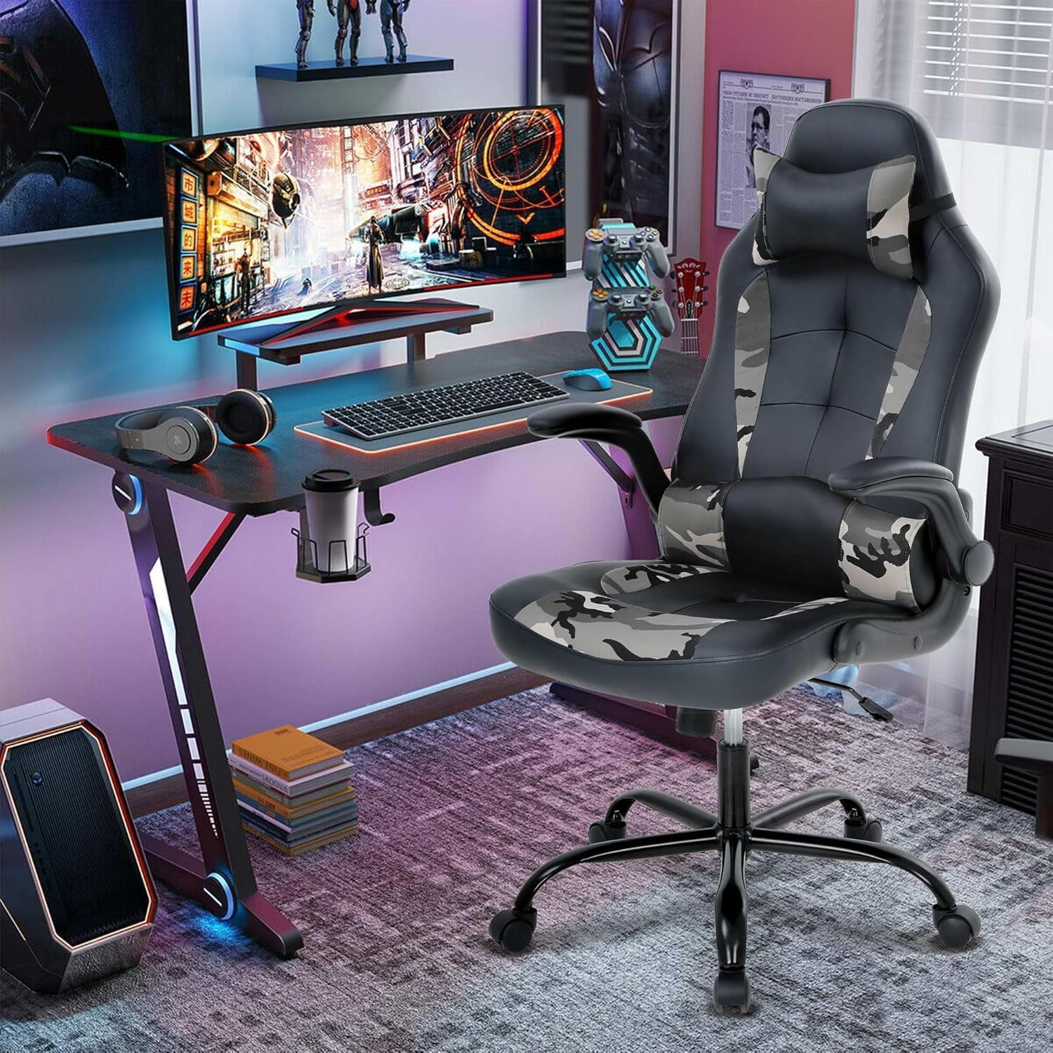 Dkelincs PC Gaming Chair Ergonomic Office Chair with Lumbar Support Flip Up Arms Headrest Adjustable Computer Desk Chair for Adults, Camo