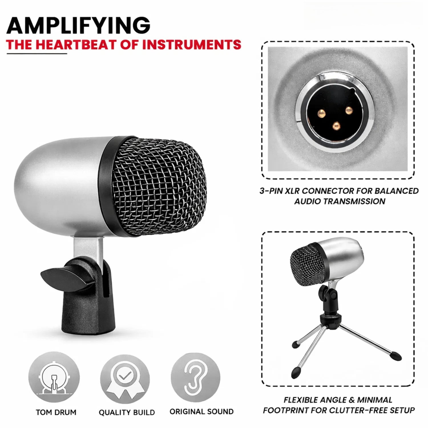 Bass Microphone, Portable Microphone, Clip-on Microphone, with Desktop Stand and XLR Interface, Suitable for Recording Studios and Concerts