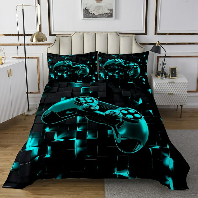YST Boys Gaming Queen Quilt Set for Kids Teens Gamer Queen Coverlet Set, Teal Blue Neon Light Bedding Set Gradient Geometry Checkered Bedspread Set, Video Game Theme Bed Quilt