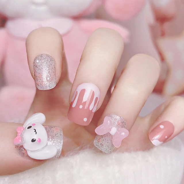 Uñas postizas Tezocr medianas cuadradas con diseño de caricatura, 24 piezas, acrílicas