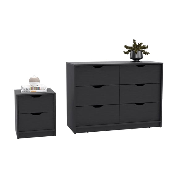Bedroom Set 2 Piece - Nightstand & Dresser - Black - Modern Storage Furniture