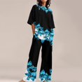 thumbnail image 3 of nsendm Pantalons pour Femmes Combinaison de Fête Adulte Été Col Rond Manches Courtes Imprimé Floral pour Invité de Mariage (Bleu, m), 3 of 5