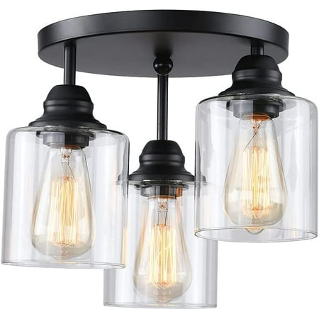 

3-Lights Industrial Semi Flush Mount Ceiling Light Vintage Light Fixture with Clear Seeded Glass Shade