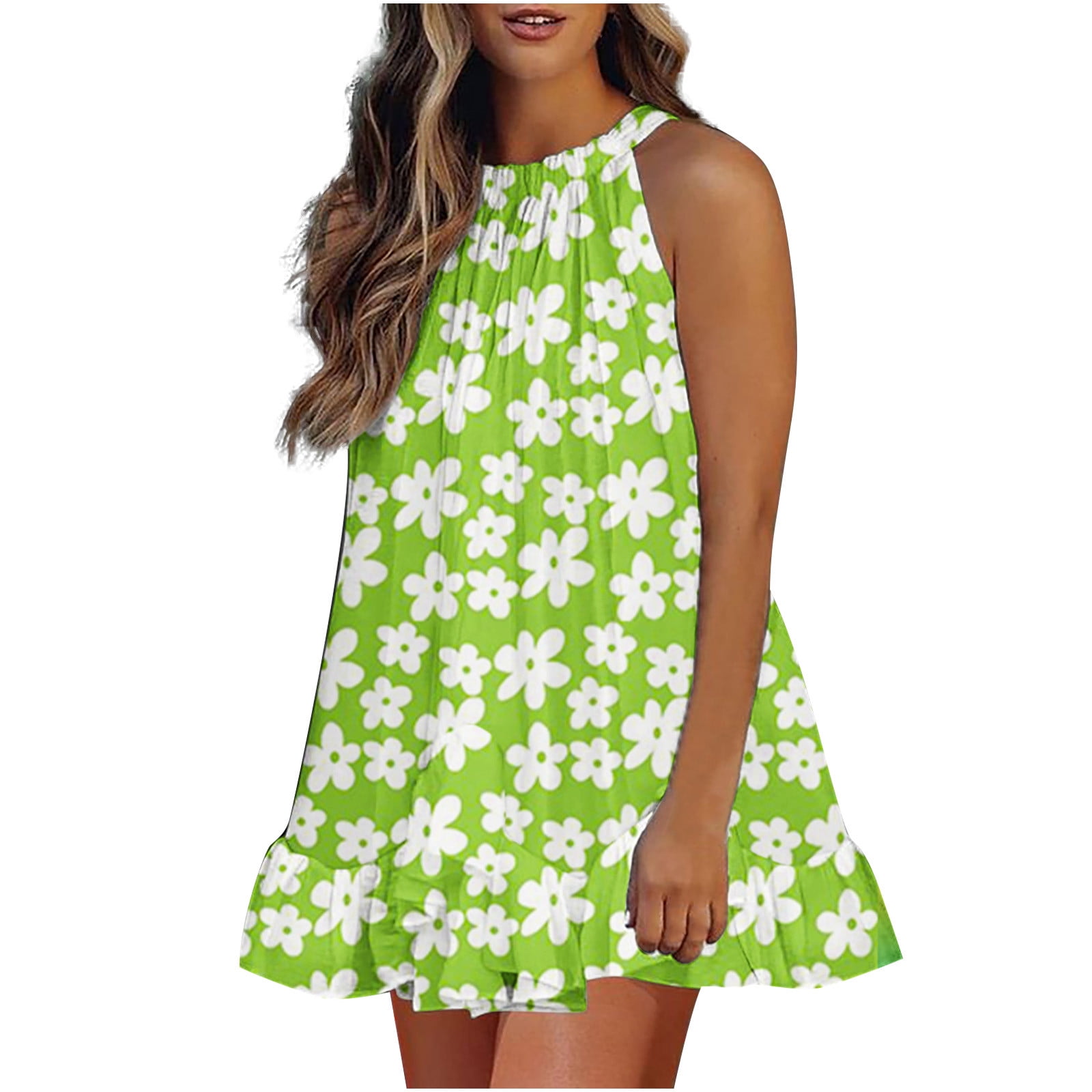 Plus Size Mini Dress for Women's Halter Floral Sleeveless Sundress Ruffle  Hem Flowy Cocktail Party Mini Dresses - Walmart.com