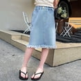 thumbnail image 5 of Girls Denim Midi Skirt Casual Elastic High Waist Knee Length Jean Skirt with Pockets Distressed Hem A Line Skirts ，Suitable for School and Daily Wear(Blue/150), 5 of 9