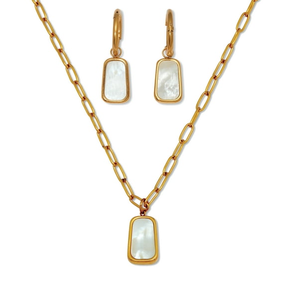 Genuine Mother of Pearl Yellow Gold Ion-Plated Stainless Steel Drop Jewelry Set