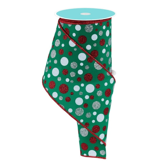 Glitter Dots Wired Christmas Ribbon - 4" x 10 Yards, Green Ribbon, Red & Silver Glitter, Polka Dots, Wreath, Winter Holiday, Garland, Gift Basket, Gift Wrapping, Bows, Presents