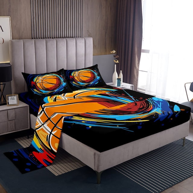 Erosebridal Draps de Lit Graffiti Basketball Simple pour Enfants Garçons, Literie Joueur de Balle Taille Simple 3 Pcs
