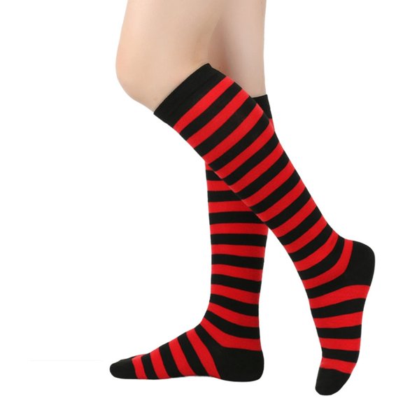 Boyscolos Socks for Women Classic Two Tone Striped Knee High Socks Soft Elastic Stretchy Cosplay Festival Costume Leg Socks Deep Red One Size