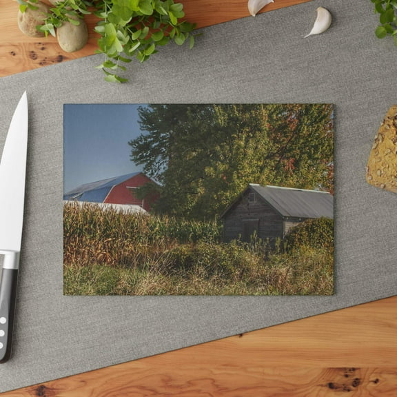 U R There Photography Barnes Road Hidden Red and Little Grey Rustic Farmhouse Tempered-Glass Cutting Board 8"x 11"