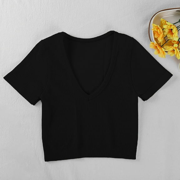 DuoJiaJ Women's Short Length Fitted V Neck Ribbed High Elasticity Bustier Short Sleeve Top Women's Linen Shirts Black L