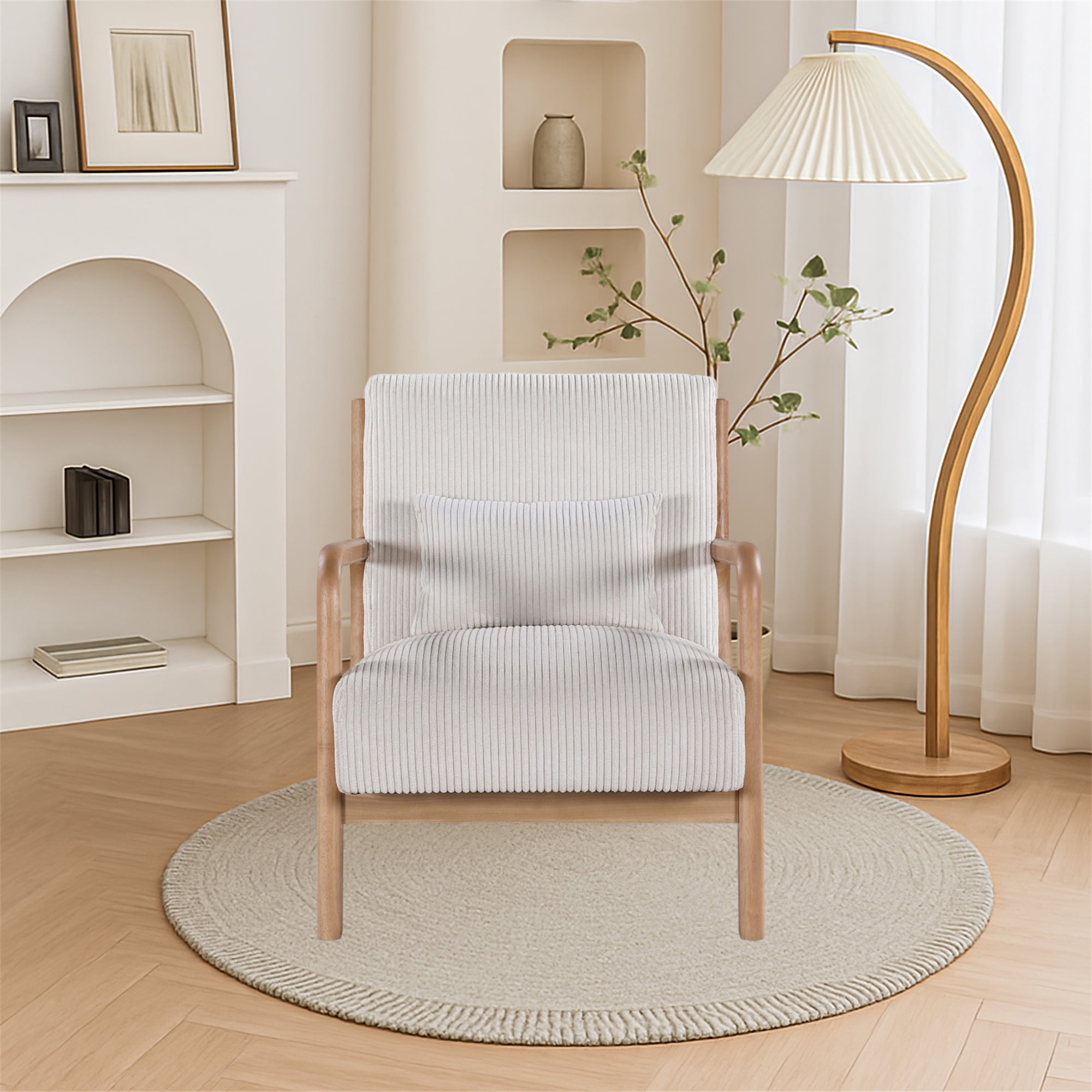 Aukfa Corduroy Mid Century Modern Accent Chair w/ Wood Frame&Pillow for Living Room, Beige