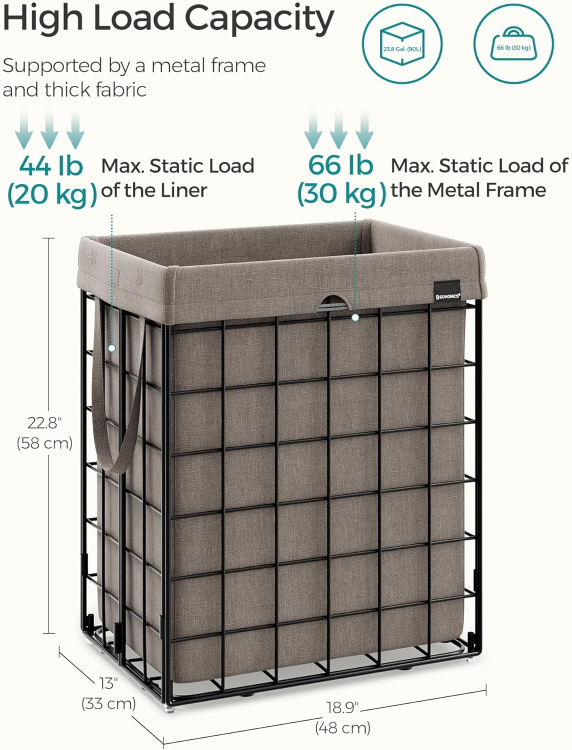 Laundry Hamper, 23.8 Gal. Laundry Basket, Collapsible Clothes Hamper, Removable and Washable Liner for Bedroom Bathroom, Black and Camel Brown