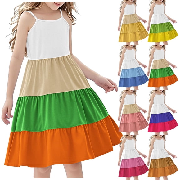 Tranfacy Teen Summer Dresses, Girls Summer Dress, Summer Girl's Sleeveless Boho Style Casual Color Matching Tiered Slip Dresses for 4-14Y