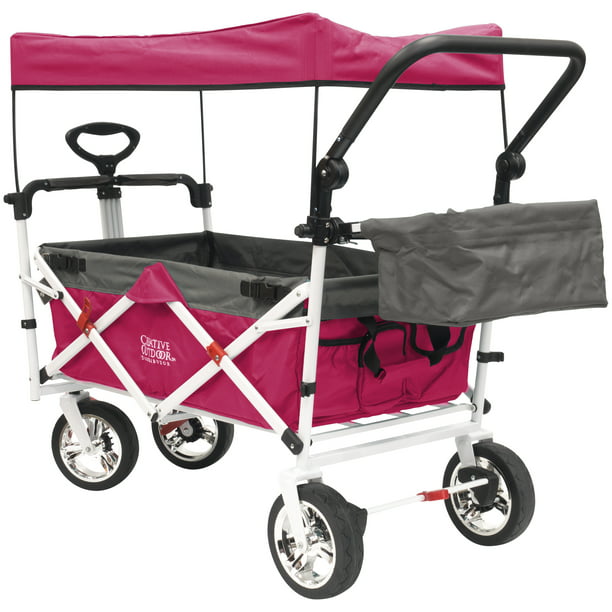 Creative Outdoor Collapsible Folding Push Pull Wagon Stroller Cart for Kids  with Sun & Rain Shade- Wagon with Removable Canopy & Adjustable Handle - 