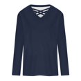 thumbnail image 4 of Womens Tops Criss Cross V Neck Long Sleeve Cotton T Shirts Relaxed Fit Plus Size Fall Winter Base Tees (3XL, Dark Blue), 4 of 5