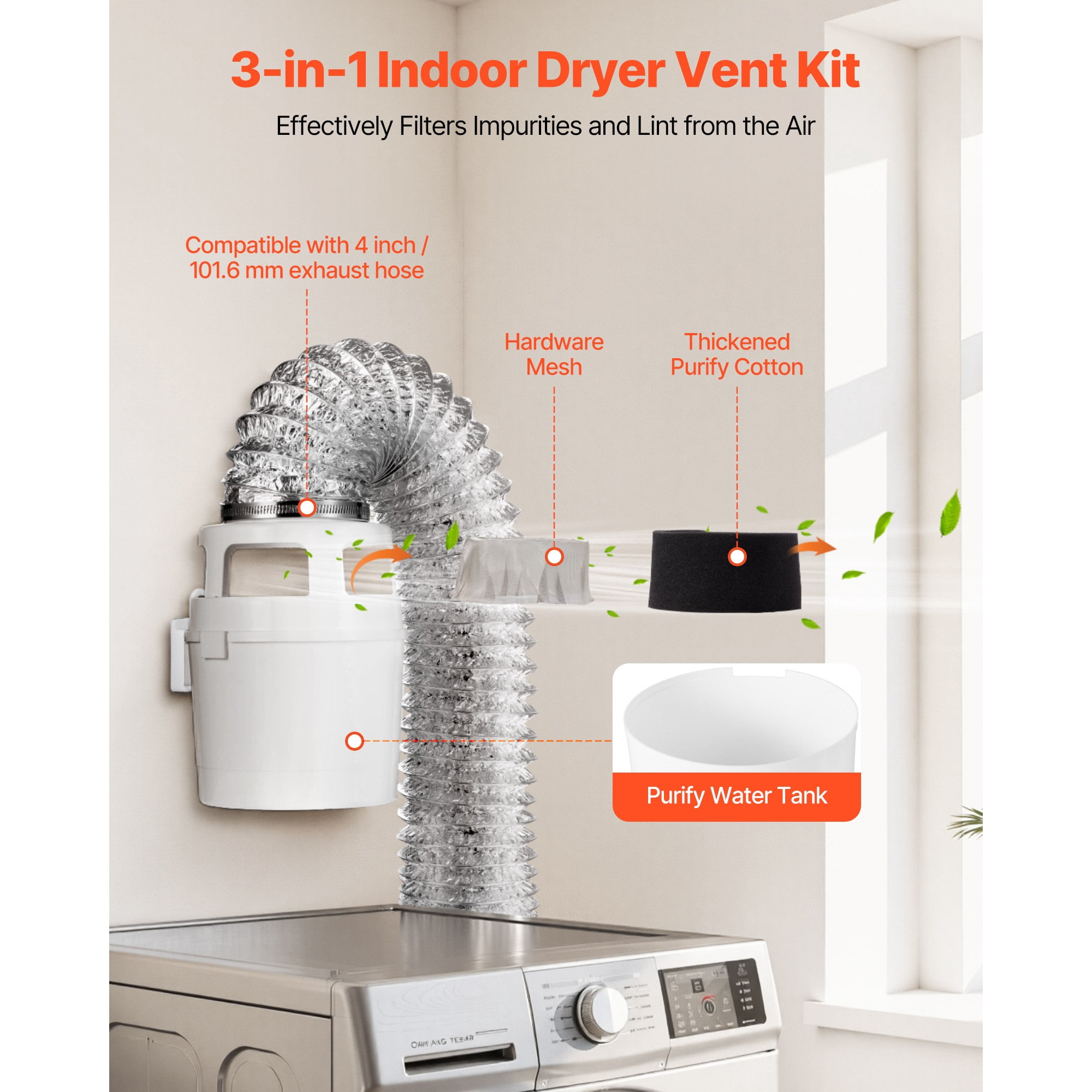 KFFKFF 3-in-1 Indoor Dryer Vent Kit with Bucket, Compatible with Electric Dryers, Includes 4-Inch by 5-Feet Extendable Exhaust Hose, Durable Design, Lightweight, Ideal for Apartments and RVs