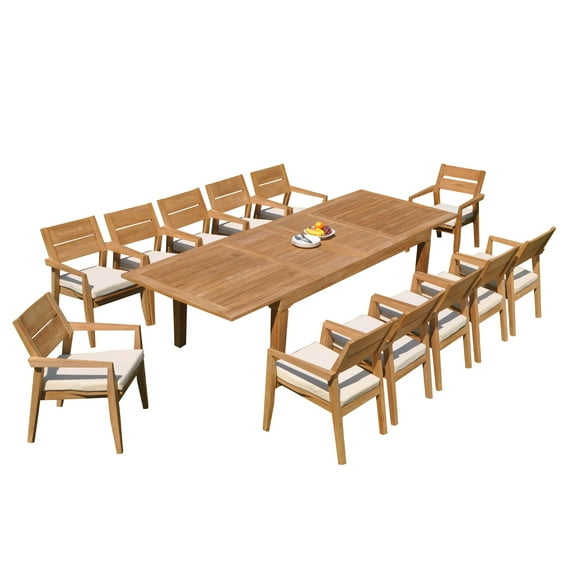 Grade-A Teak Dining Set: 12 Seater 13 Pc: 122" Caranas Rectangle Table And 12 Vellore Stacking Arm Chairs Outdoor Patio WholesaleTeak #51VL2913