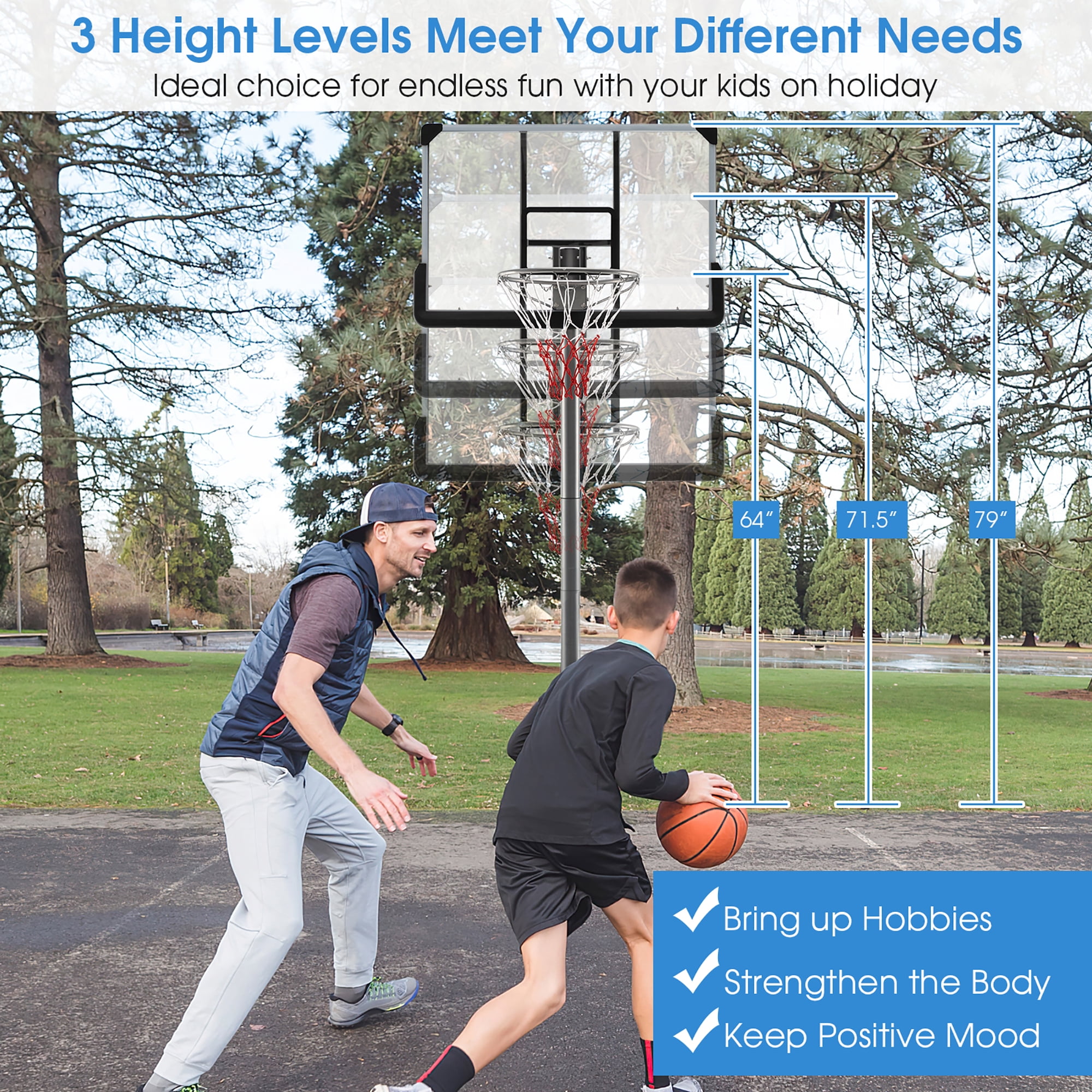 Costway 64''-79'' Height Adjustable Poolside Basketball Hoop Goal System with44'' Backboard Black