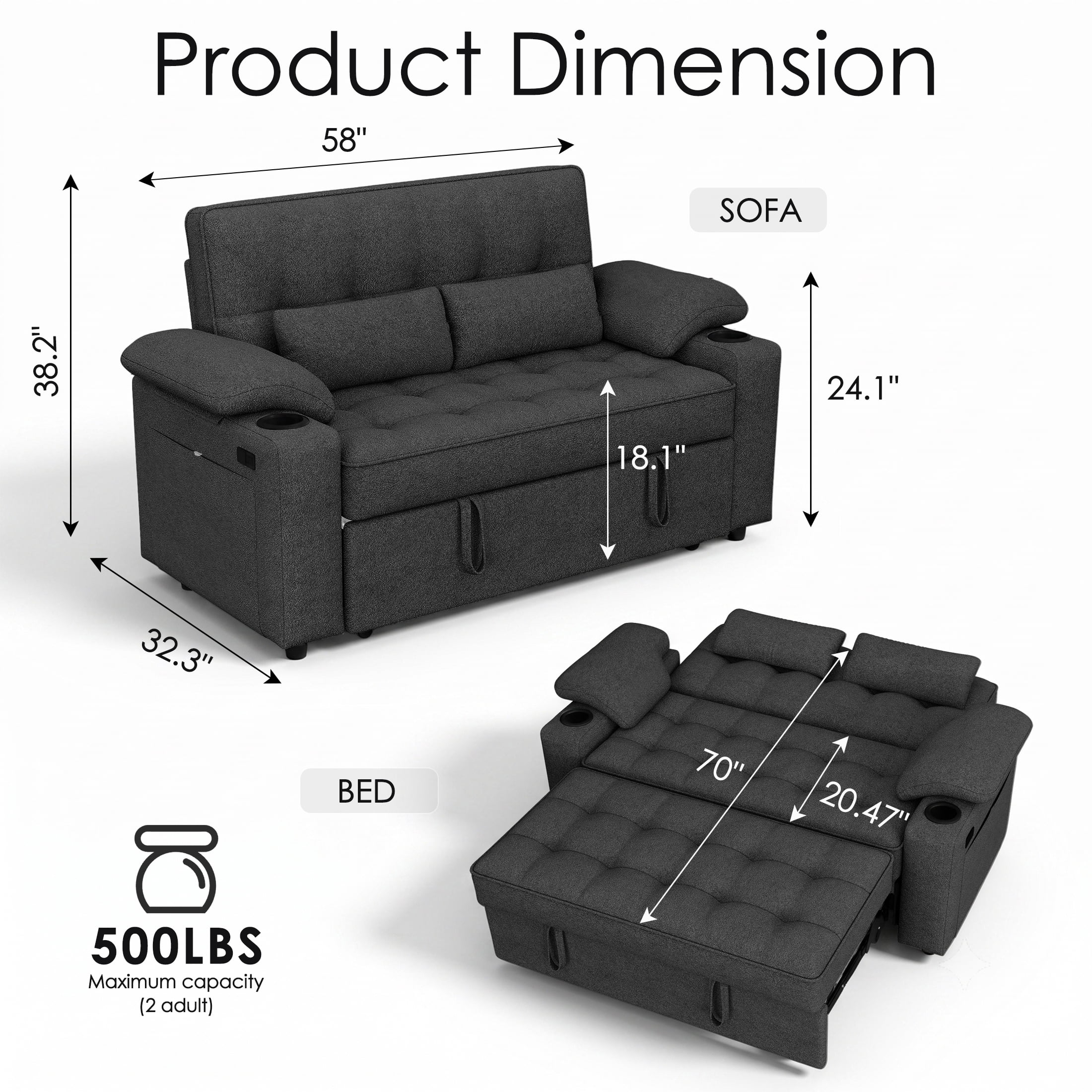 58" Convertible Sleeper Sofa Bed, Full Size Pull Out Couch with USB Charging, Cup Holders, Adjustable Backrest & Side Pockets, Towel Fabric Loveseat for Living Room, Apartment, Office (Black)