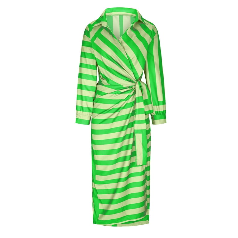 VSSSJ Women Striped Printed Casual Elegant Wrap Long Dresses Ruched Slim  Tie Waist Vacation Long Sleeve V Neck Shirt Midi Dress Green S - Walmart.com