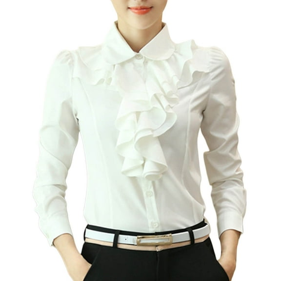 Gyexs Ruffle Front Blouses for Women Long Sleeve Casual Work Shirt Chiffon Blouse Basic Tops Fall Clothes White, Size XXL