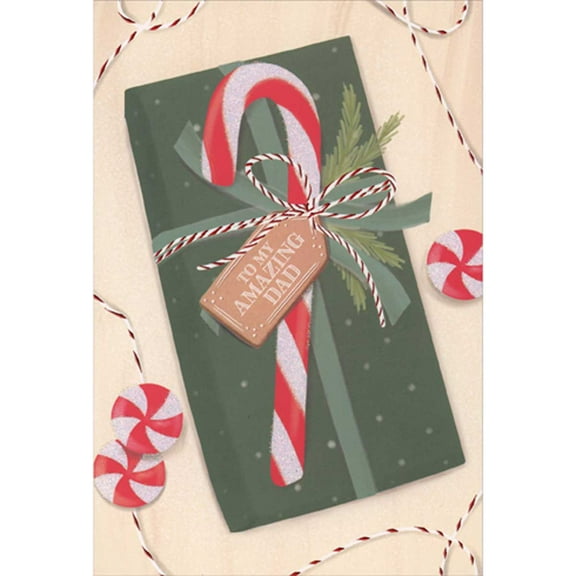 Pictura Green Wrapped Present with Brown Tag and Large Candy Cane Christmas Card for Dad