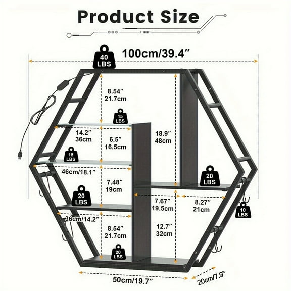Floating Shelves with Lights, LED Shelves for Wall, Gaming Room Decor Display Shelf, Lighted Bar Shelves, Extra Hanging Hooks Storage, Sturdy Fast Assembly Great Weight Capacity