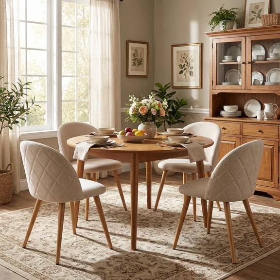 FurnitureR Set of 4 Modern Chenille Accent Chairs, Armless Upholstered Dining Chairs with Wood Legs, Comfortable Side Chair for Living Room, Bedroom, Home Office, Beige