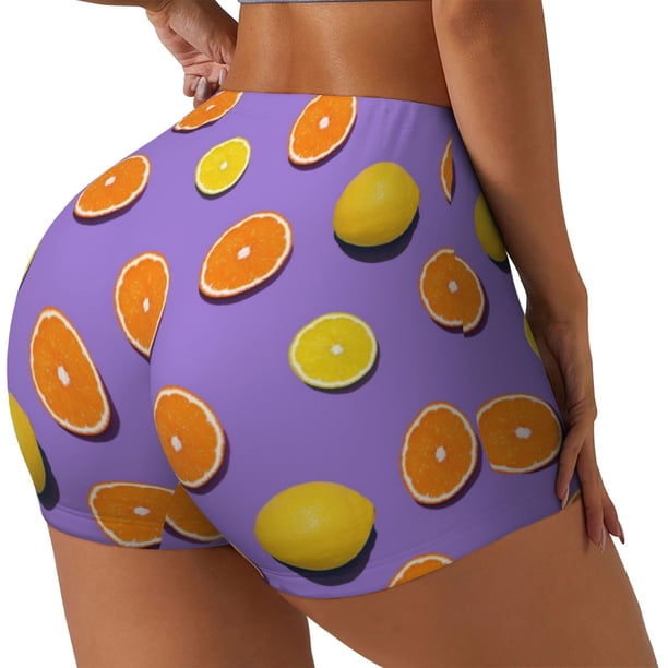 Fotbe Yellow Lemon And Orange Shorts Sin Costuras – Shorts Deportivos de Cintura Alta para Mujer, Elásticos para Gimnasio, Yoga, Running o Ciclismo-X-Large