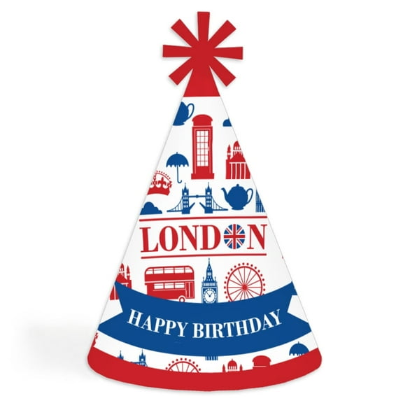 Big Dot of Happiness Cheerio, London - Cone Happy Birthday Party Hats for Kids and Adults - Set of 8 (Standard Size)