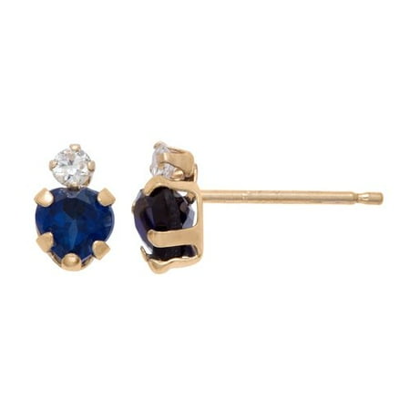 Mini Heart Post Earrings - .714 Carat T.G.W. Sapphire and CZ 10kt Yellow Gold Heart Post Earrings