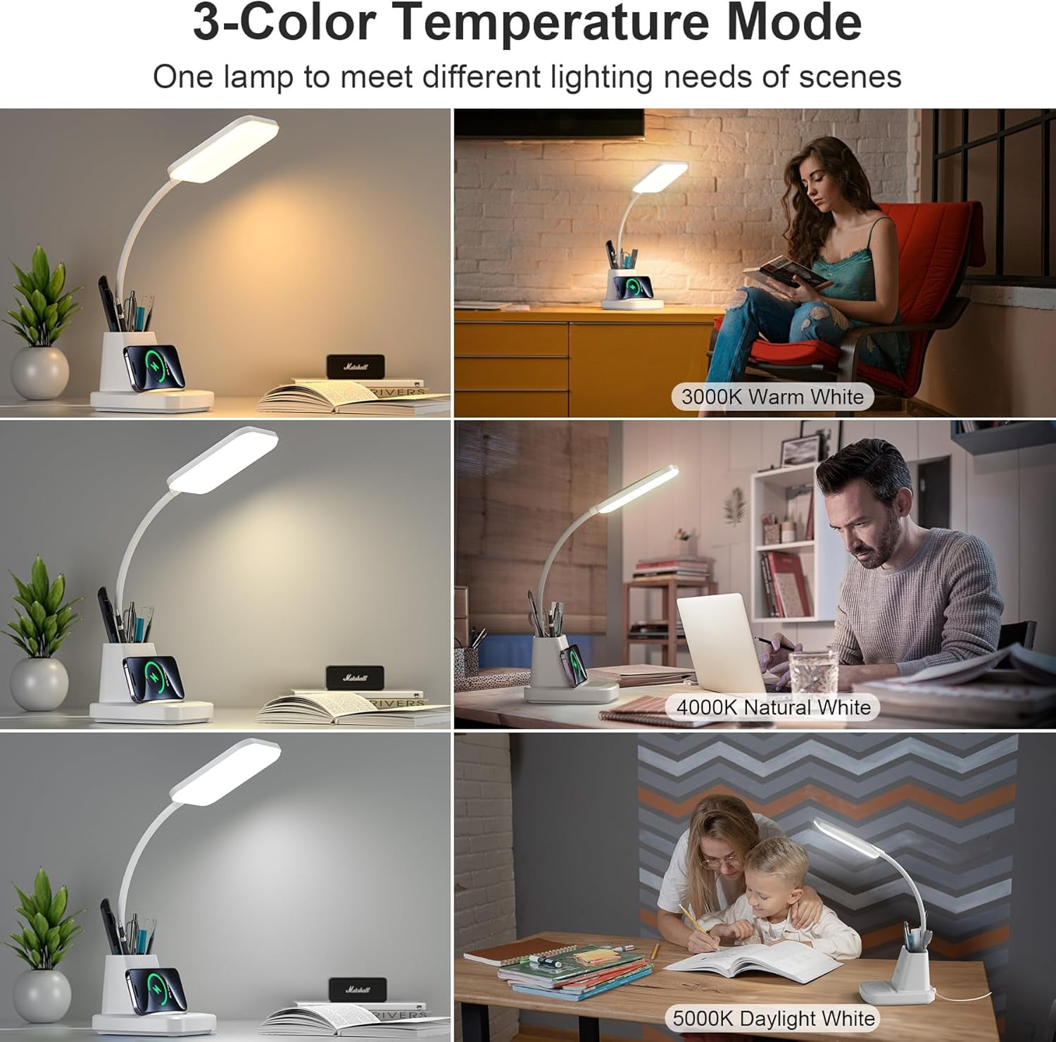 Desk Lamp with Wireless Charger, LED Desk Lamps for Home Office Eye-Caring CRI 85+, 3 Color Modes, Stepless Dimming Touch Table Lamp, Study Small White Lamp with Pen Holder for College Dorm