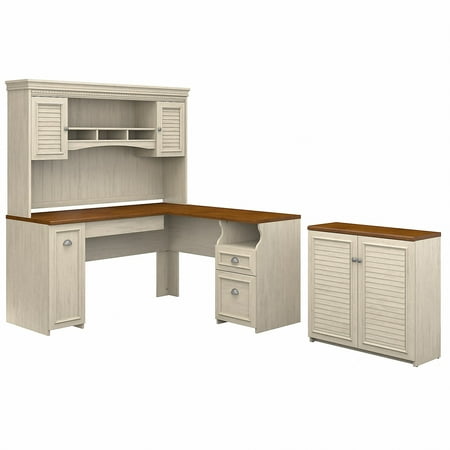 UPC: 0042976077341 | Bush Furniture 60W L Shaped Desk w/Hutch and Small Storage Cabinet White/Tea Maple FV012AW