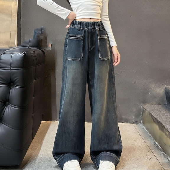 Girl's Elastic Waist Wide Leg Baggy Jeans Y2K Loose Denim Pants Dark Blue 12-13Years