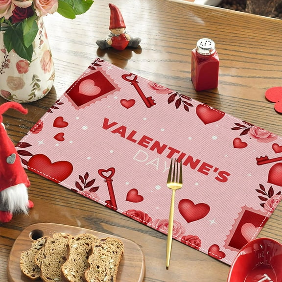 Fasiaou Valentine's Day Placemats, 1 Pcs, 12x18 Inches Red Love Heart Table Mats, Resistant Washable Wipeable Place Mat for Anniversary Wedding Party Kitchen Dining Home Decor