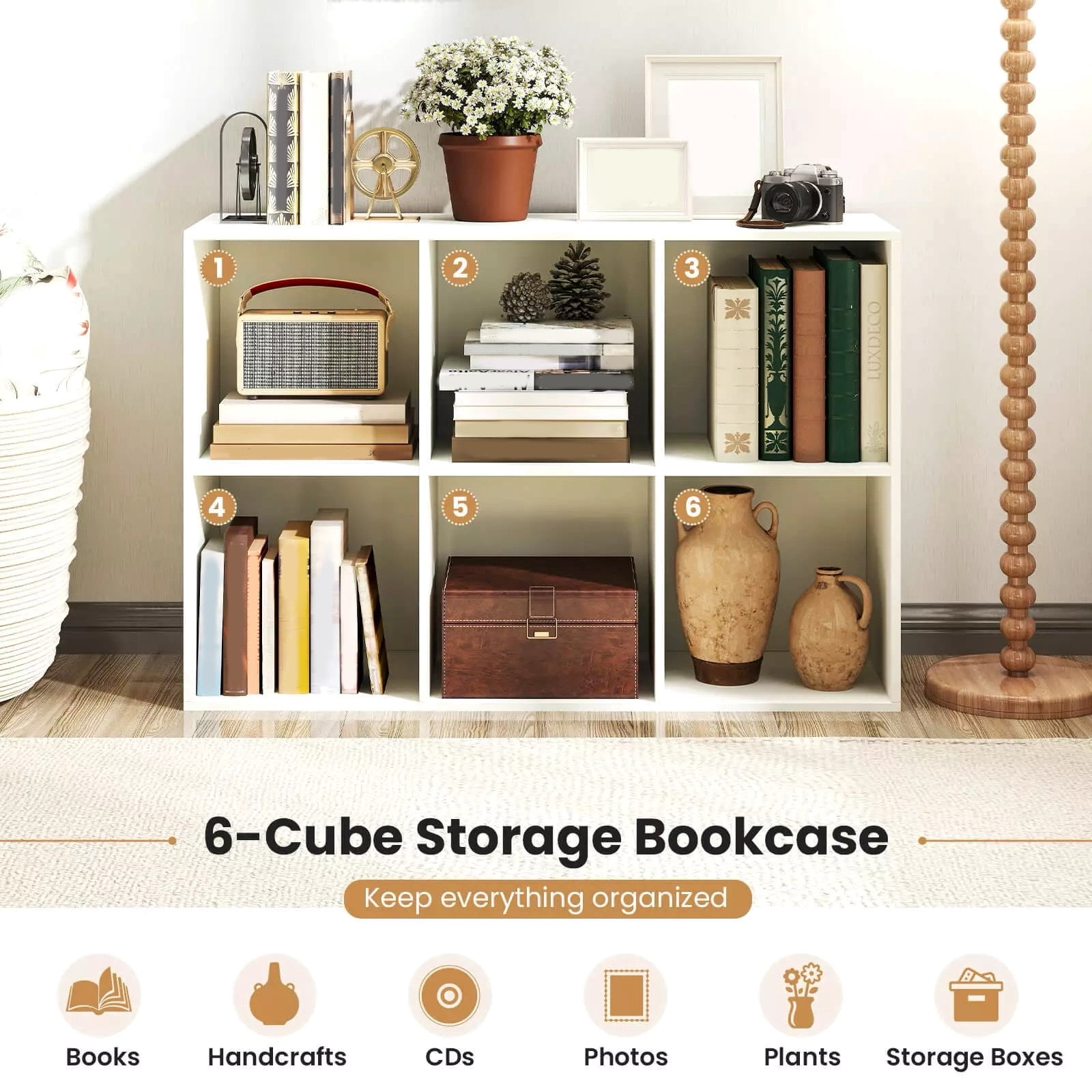 Harmijoy 6-Cube White Bookshelf, 3-Tier Wooden Storage Organizer w/ Anti-tipping Kits, Modern Freestanding Bookcase Display Shelf