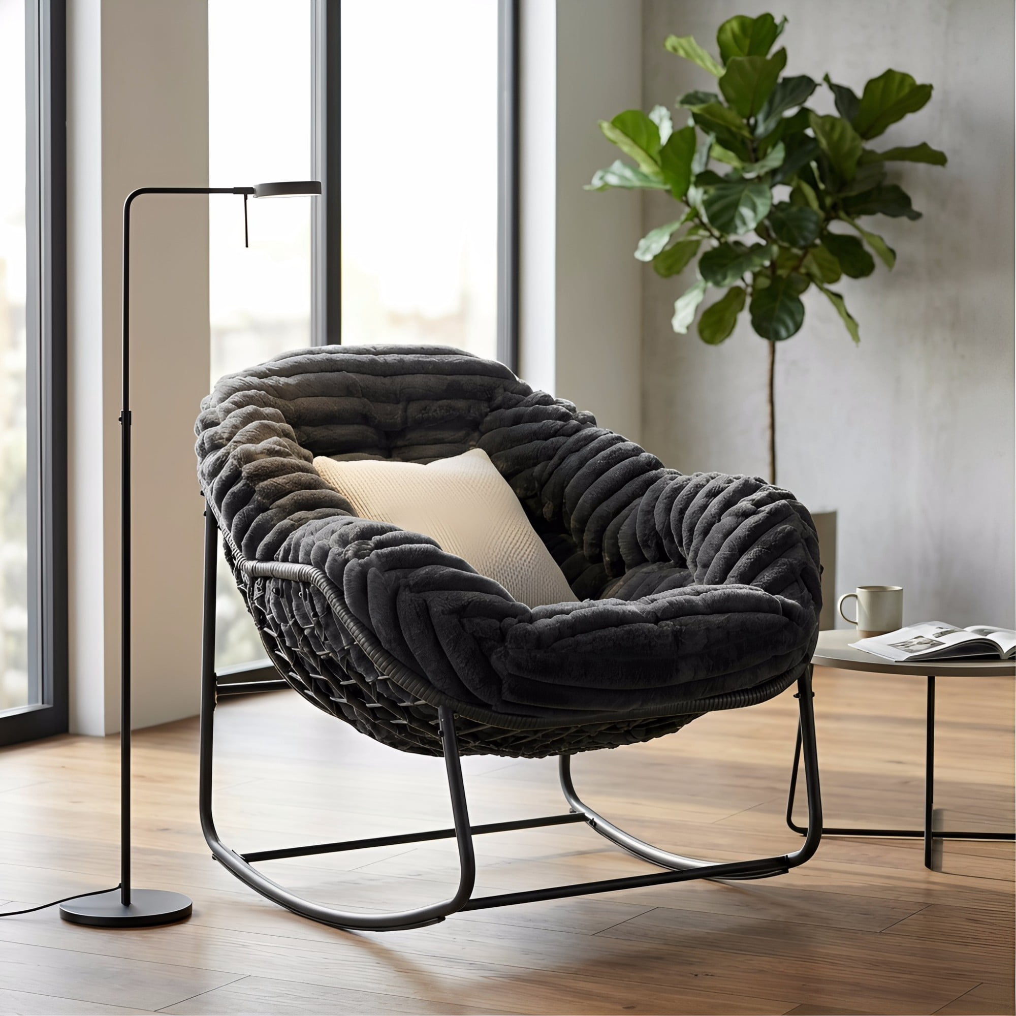 Outdoor Papasan Rocking Chair, Oversized Egg Chair with Cushion, Wicker Rattan Patio Rocker, Indoor Outdoor Lounge Chair for Porch Garden Living Room, Dark Gray