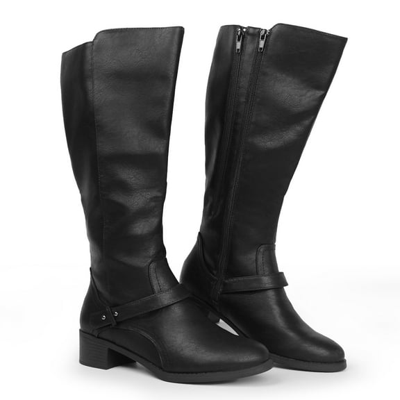 Hawkwell Women's Wide Calf Double Zipper Knee High Riding Boots,US 8,Black