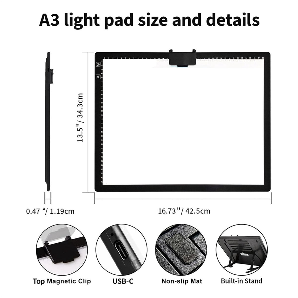 Rechargeable A3 Light Pad for ,Tracing Light Box with Stand and Clip,3 Colors Stepless Dimmable