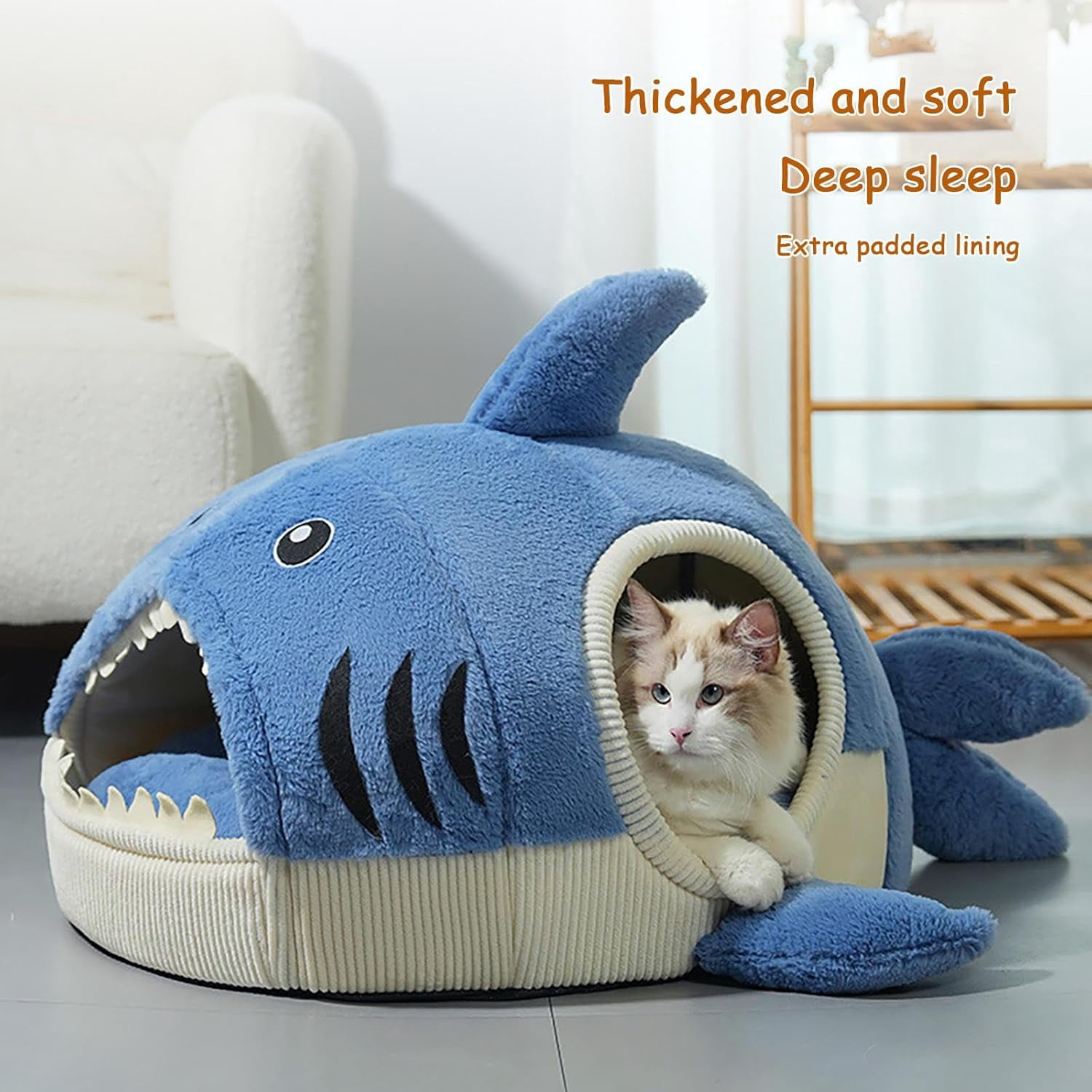 ShadeMart Winter Warm Cat Bed, Large Shark Plush Hideaway House with Removable Liner