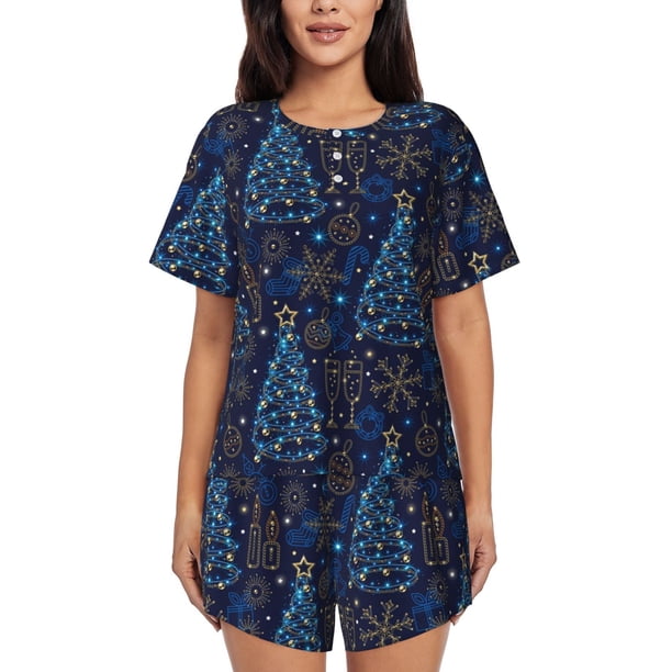 Fotbe Shining Christmas Tree Conjunto de Pijama Estampado para Mujer, 2 Piezas, Ropa de Dormir con Camiseta de Manga Corta y Shorts Suaves-4X-Large