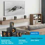 Acoustic Audio AA5170 700W Bluetooth Home Theater 5.1 Speaker System with FM Tuner, USB, SD Card, Remote Control, Powered Sub (6 Speakers, 5.1 Channels, Black with Gold)