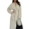 thumbnail image 3 of Women'S 2 Piece Outfits Long Sleeve V Neck Blazer Wide Leg Sets Office Work Clothes Apricot Color S, 3 of 10